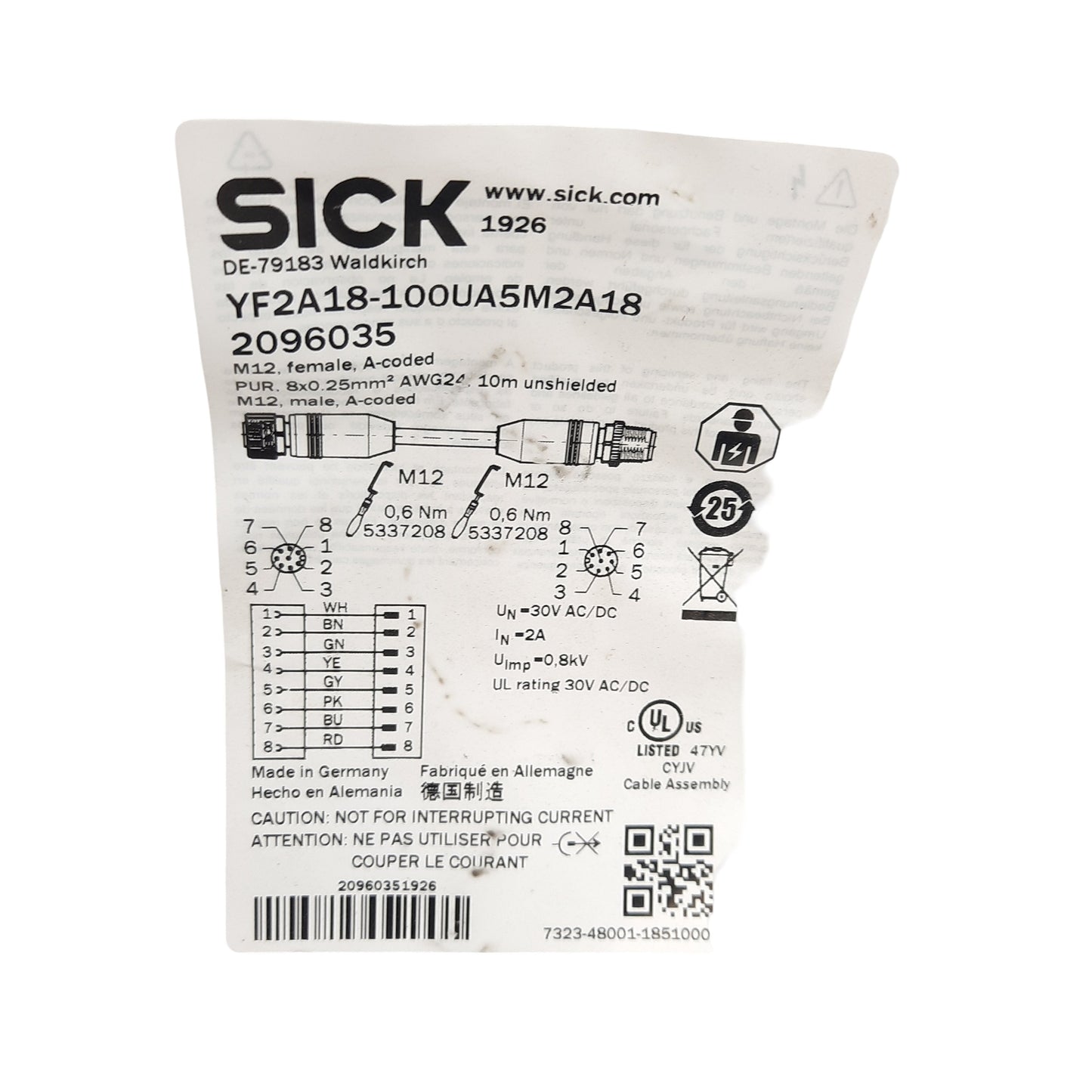 New Sick YF2A18-100UA5M2A18 2096035 Cordset M12 8-Pin F To M12 8-Pin M, 10 Meters