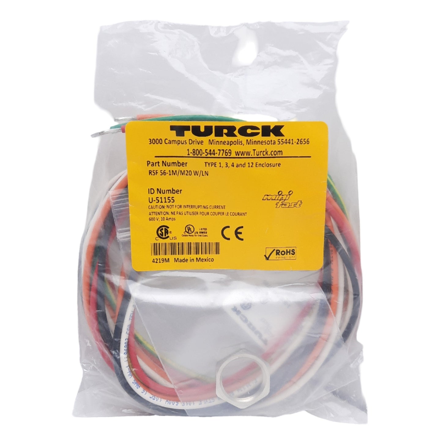 New Turck RSF 56-1M/M20 W/LN Front Mount Receptacle, Male 7/8″ MiniFast, 6-Pins