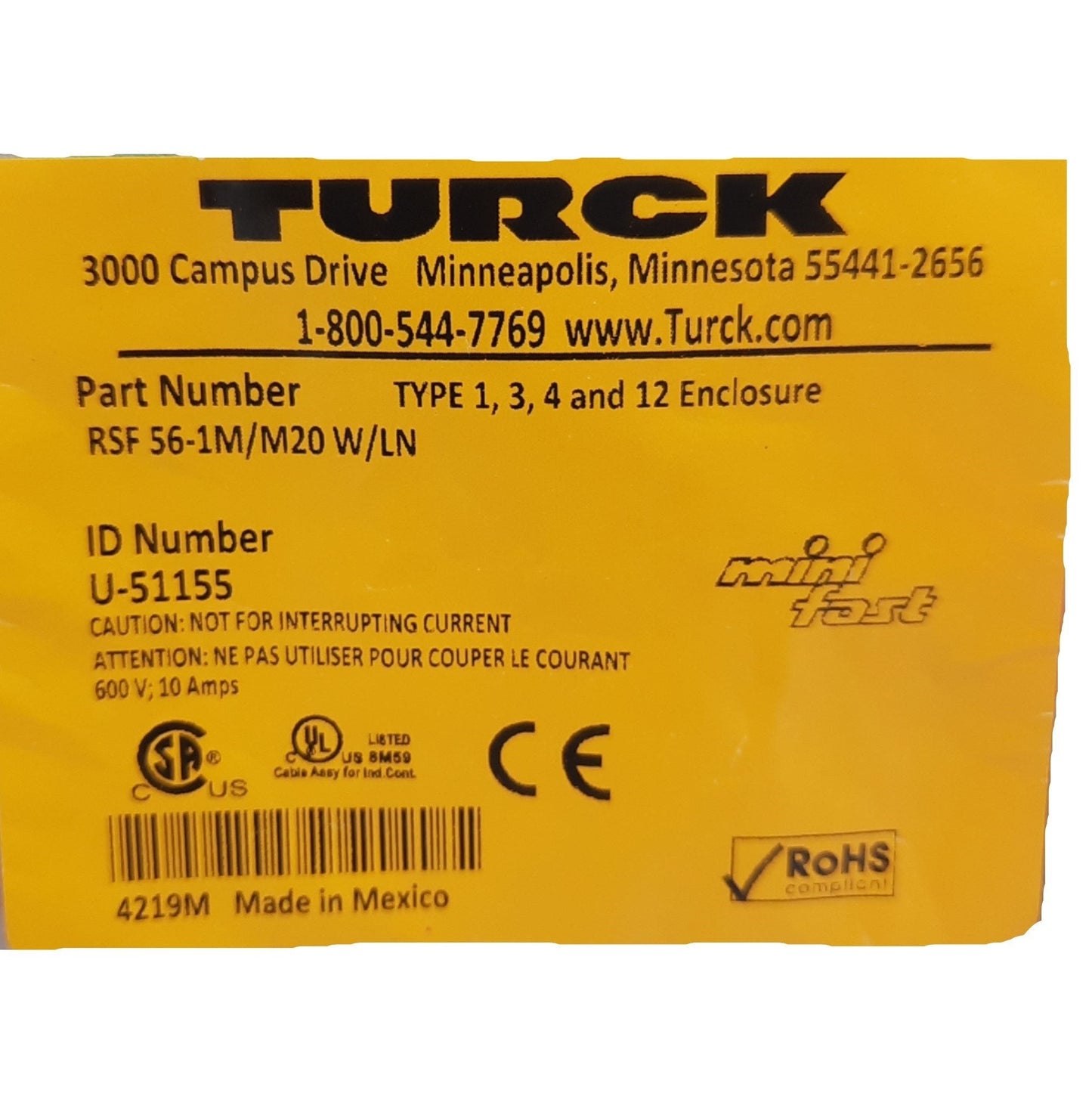New Turck RSF 56-1M/M20 W/LN Front Mount Receptacle, Male 7/8″ MiniFast, 6-Pins