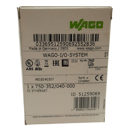 New Wago 750-352/040-000 Fieldbus Coupler Ethernet, 10/100 Mbit/s, 2-Port, 24VDC