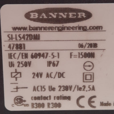 Used Banner SI-LS42DMI Safety Interlock Switch, 2NC+1NO, 1500N Force, 24VDC Coil