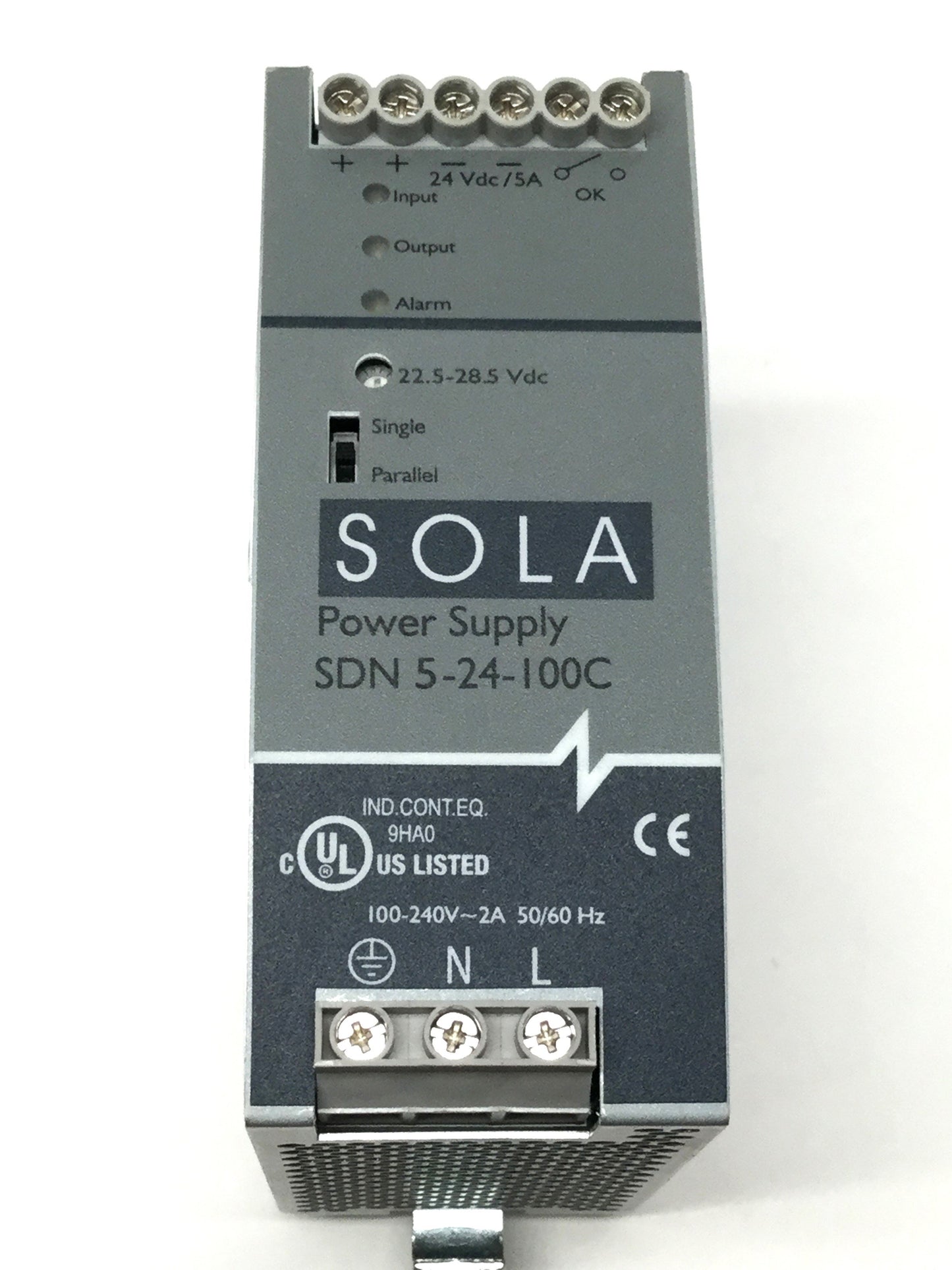 Used Sola SDN 5-24-100C Power Supply, Input 100-240VAC 2A 50/60Hz, Output 24VDC 5A