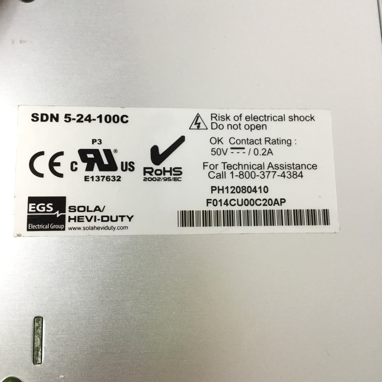 Used Sola SDN 5-24-100C Power Supply, Input 100-240VAC 2A 50/60Hz, Output 24VDC 5A