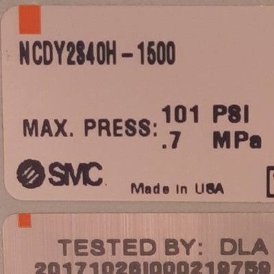 New SMC NCDY2S40H-1500 Rodless Cylinder, ø1-1/2in Bore, 15in Stroke, 101PSI, NPT1/4