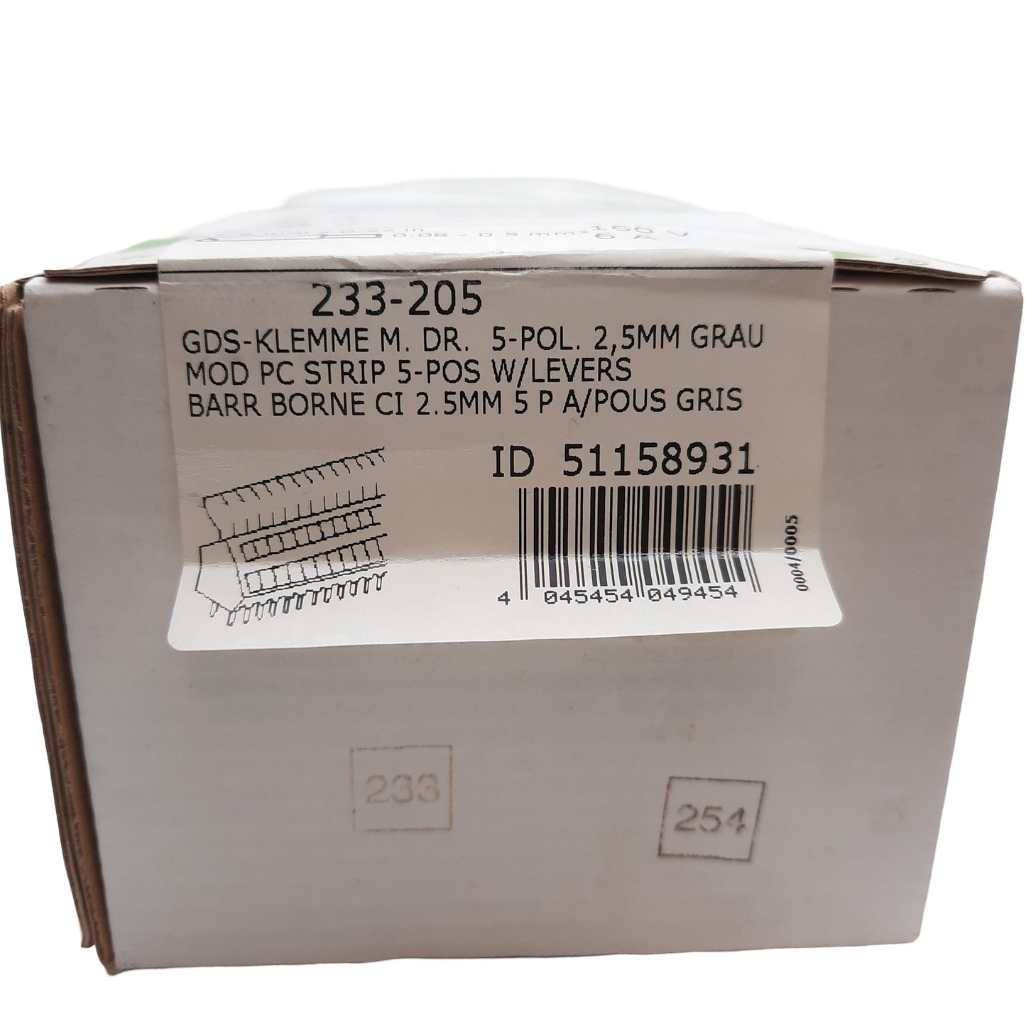 New Lot of 15 Wago 233-205, PCB Terminal Block, 0.5mm², 2.5mm Pin Spacing, 5-Pole