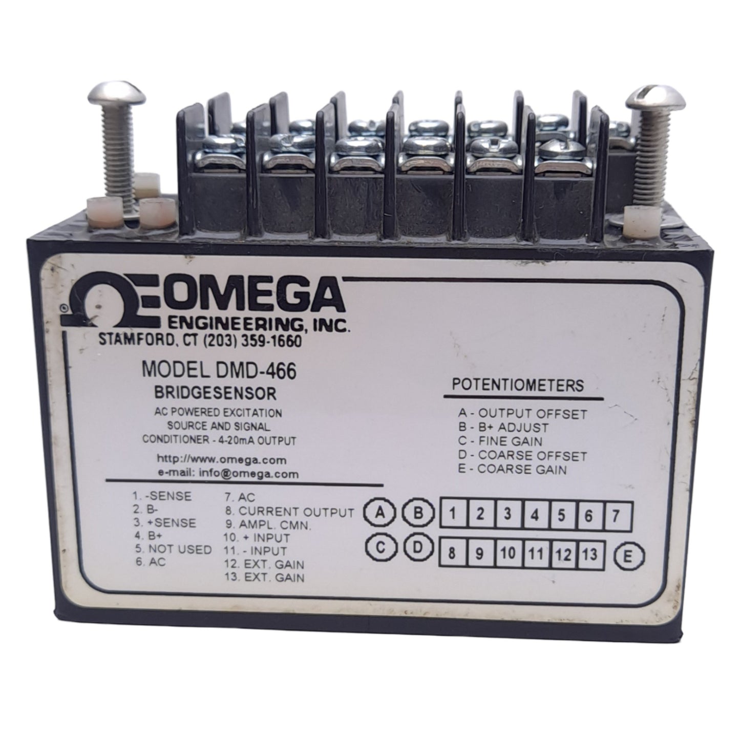 Used Omega DMD-466 Bridgesensor Signal Conditioner, 10-50mV In, 4-20mA Out, 115VAC