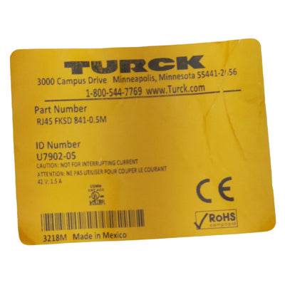 New Turck RJ45 FKSD 841-0.5m Industrial Ethernet Cable, RJ45 Male, M12 8-Pin Female