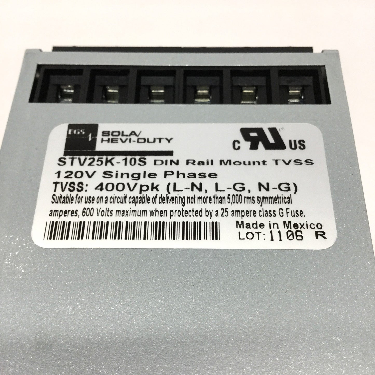 Used SolaHD STV25K-10S Surge Suppressor Protector, Single-Phase 120VAC 20A, DIN Rail