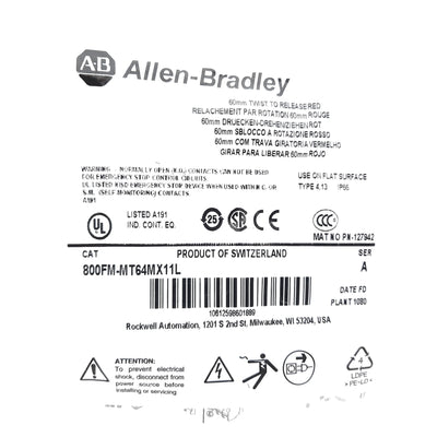 New Allen Bradley 800FM-MT64MX11L Push Button E-Stop 1 NCLB, 1 NO, 22.5mm Mounting