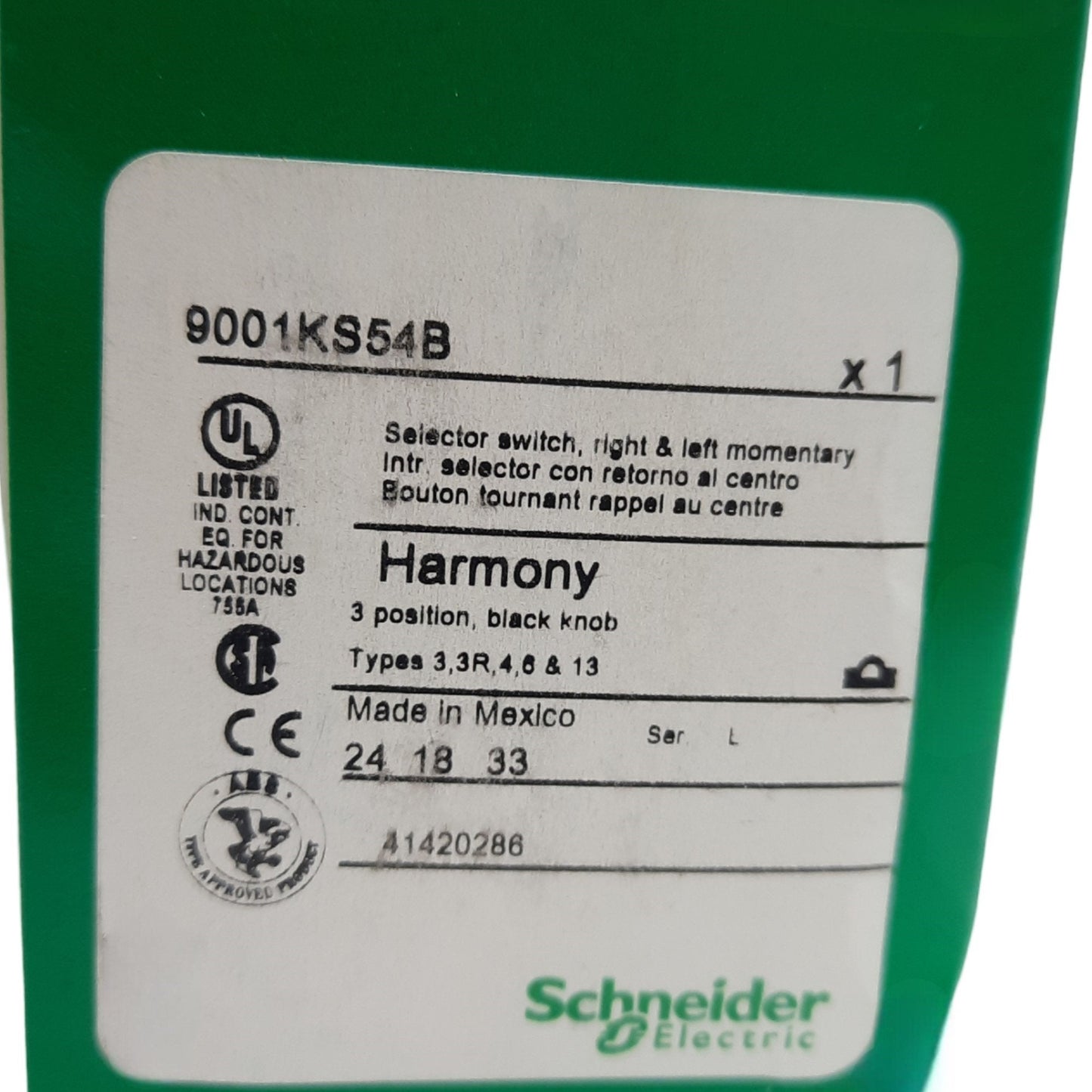New Schneider 9001KS54B Harmony 9001K Selector Switch Head, 30mm, 3 Positions