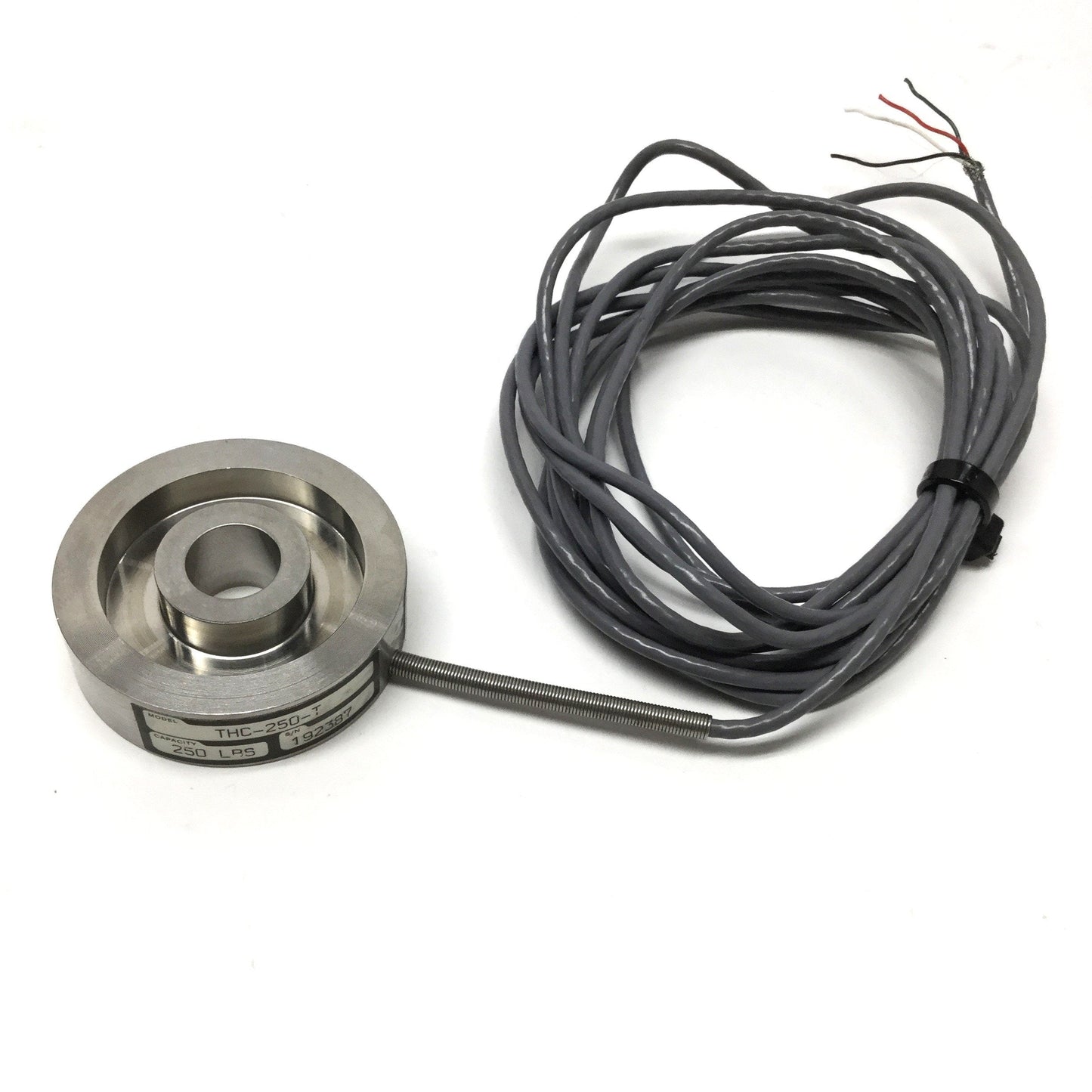 Used Transducer Techniques THC-250-T Thru-Hole Donut Load Cell 250lbf, 2" OD, 1/2" ID