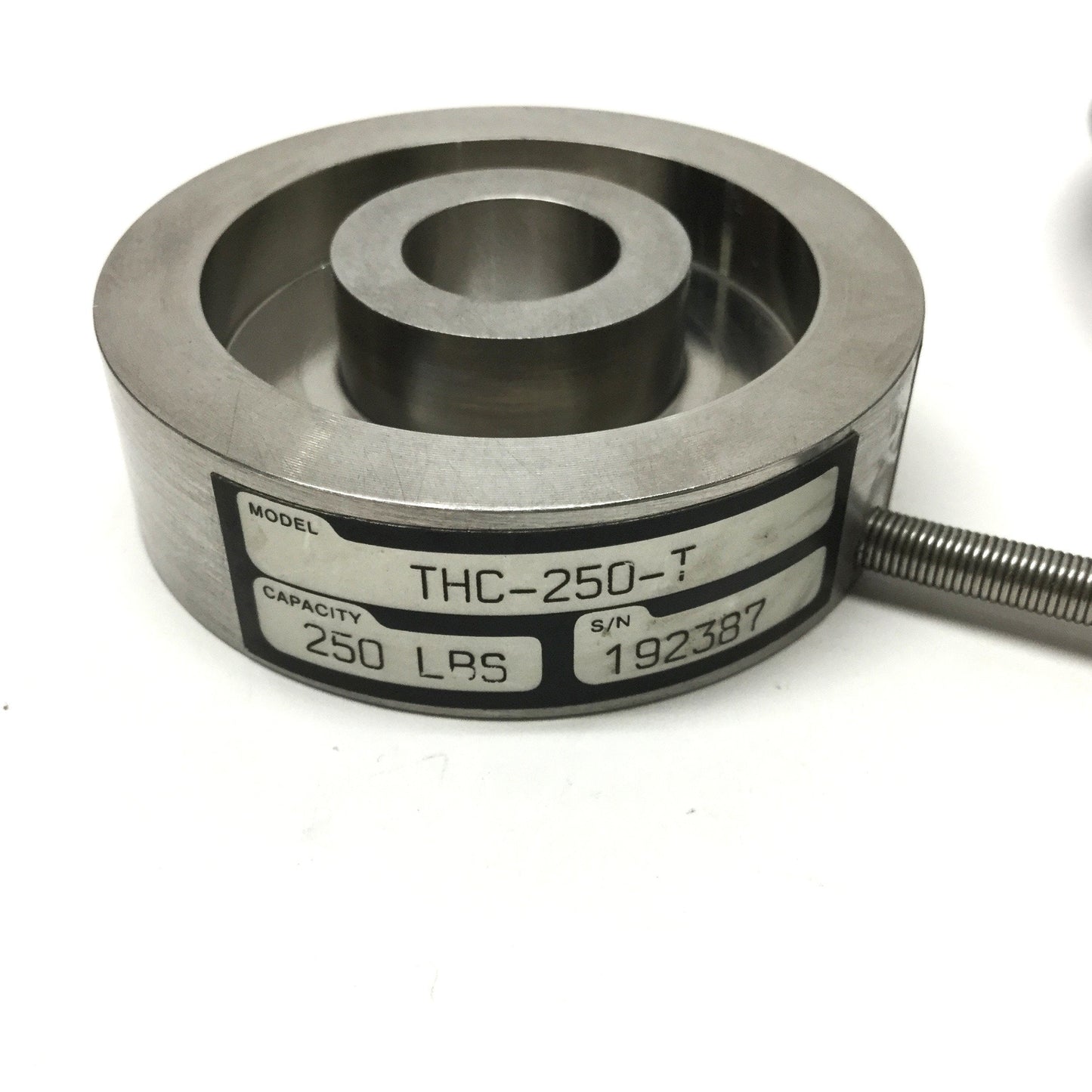 Used Transducer Techniques THC-250-T Thru-Hole Donut Load Cell 250lbf, 2" OD, 1/2" ID