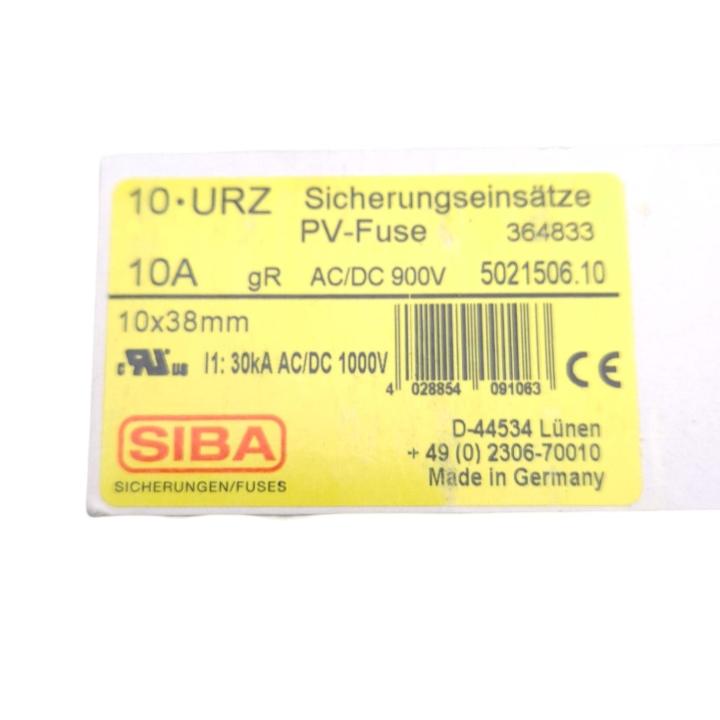 New – Open box Lot of 10 Siba 5021506.10 Ceramic PV Fuses, 10A, 900V AC/DC, ø10mm x 38mm