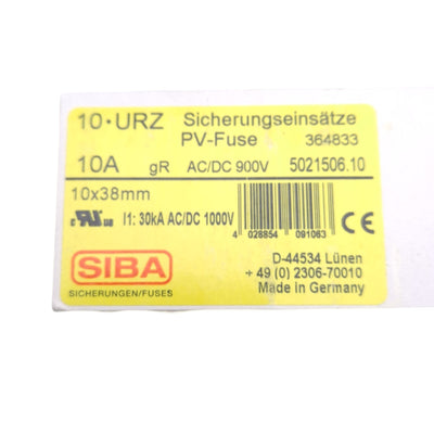 New – Open box Lot of 10 Siba 5021506.10 Ceramic PV Fuses, 10A, 900V AC/DC, ø10mm x 38mm