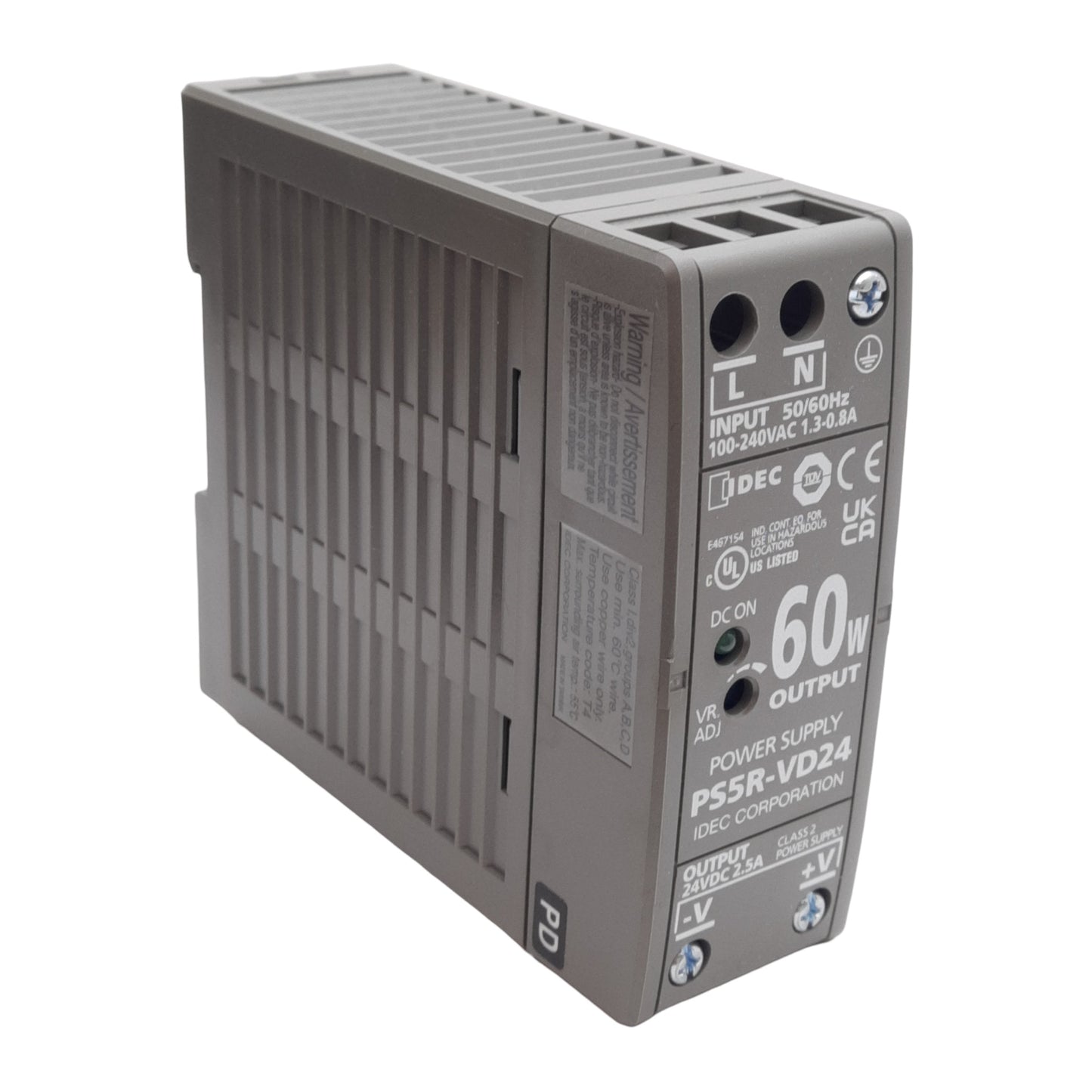 Used Idec PS5R-VD24 Power Supply, 100-240VAC Input, 24VDC Output, 60W, DIN Rail