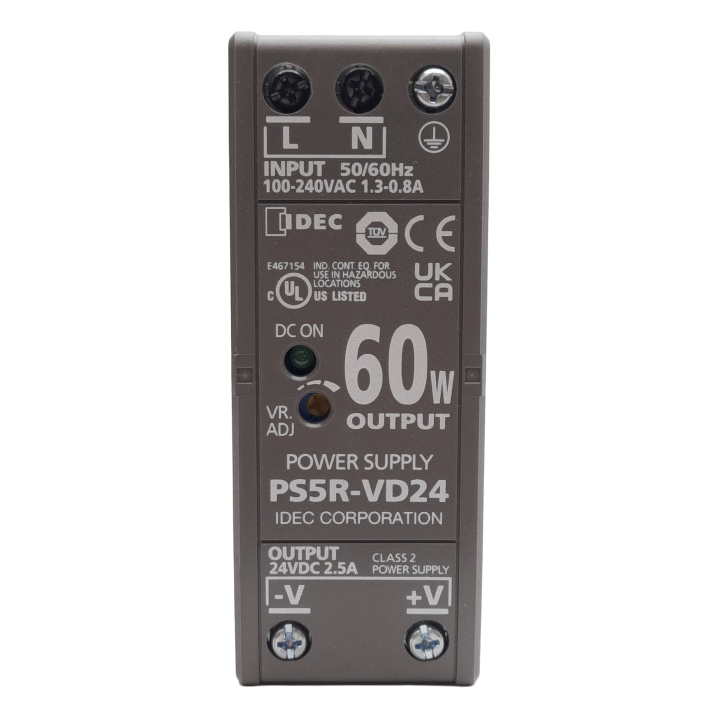Used Idec PS5R-VD24 Power Supply, 100-240VAC Input, 24VDC Output, 60W, DIN Rail