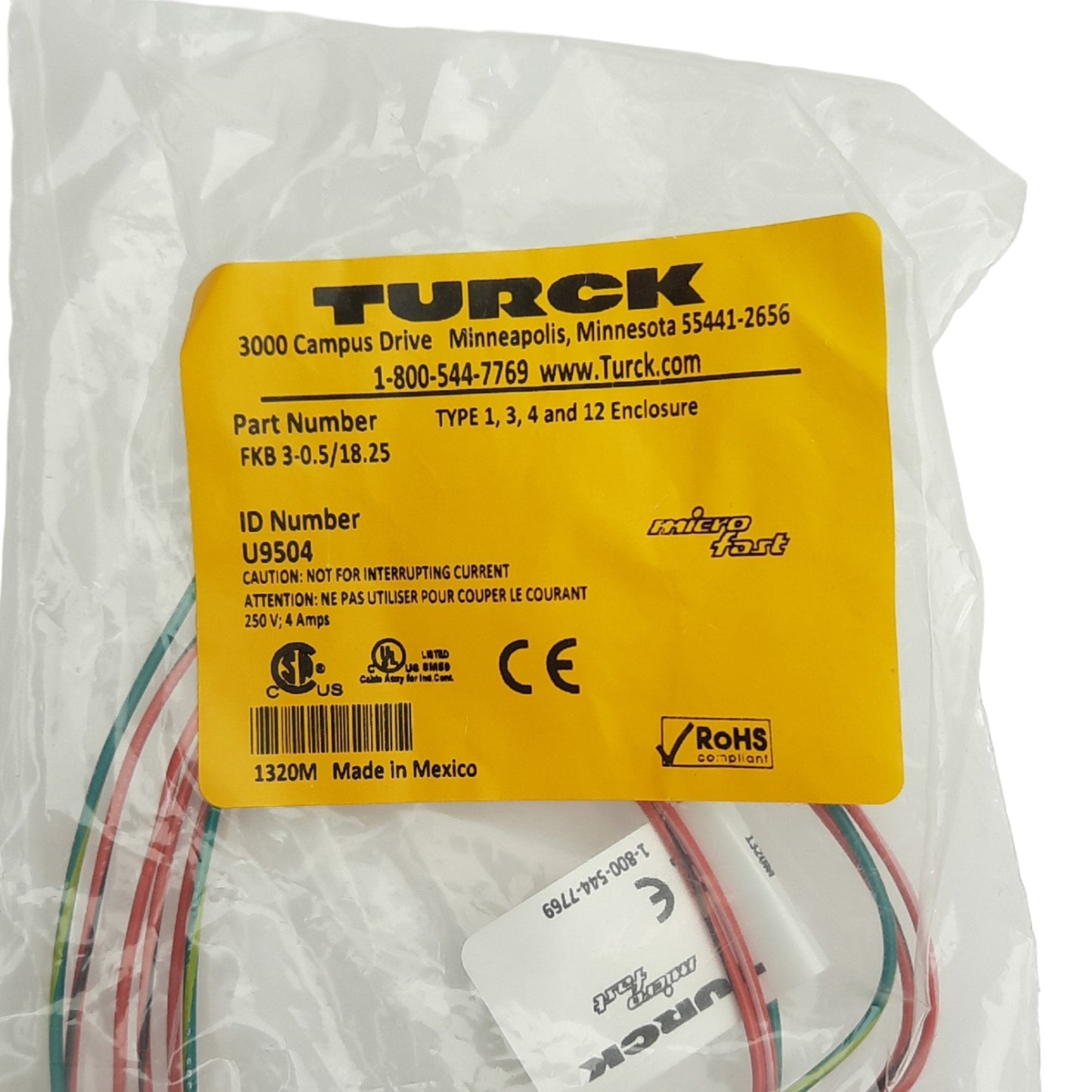 New Lot of 5 Turck FKB 3-0.5/18.25 Receptacle Cordset, 1/2in Microfast 3-P to Leads