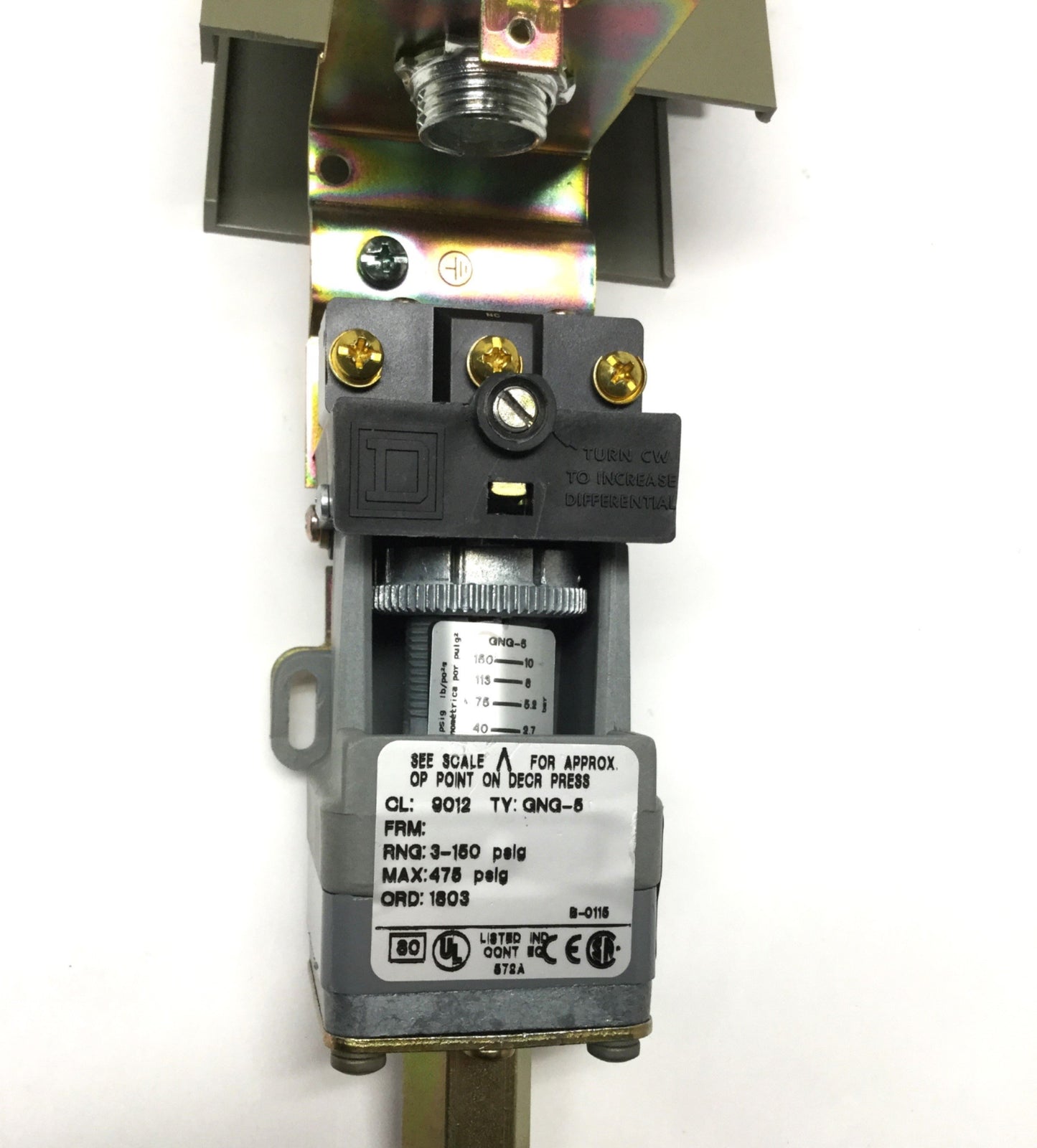 Used Square D 9012GNG5 Fluid Pressure Switch 3-150psi, 1/4" NPT, SPDT 240VAC 6A