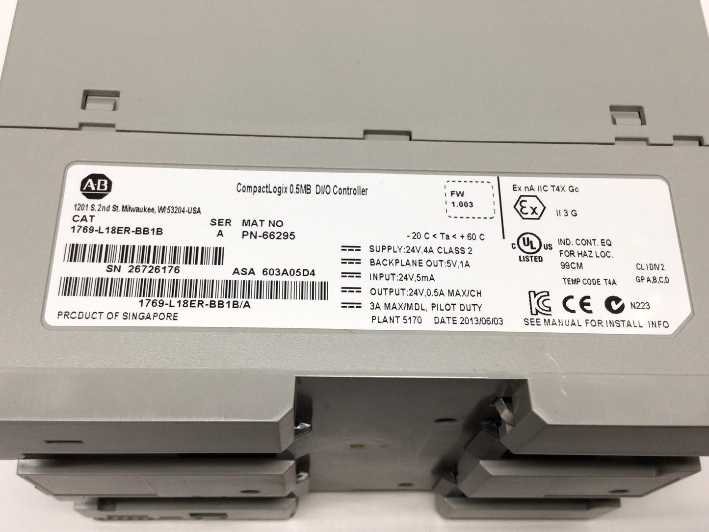 Used Allen Bradley 1769-L18ER-BB1B CompactLogix 5370 0.5MB Controller 16 Digital I/O