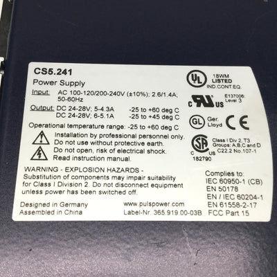 Used PULS CS5.241 120W Power Supply 120/240VAC In, 2x 24VDC 5A Out, DIN Rail Mount