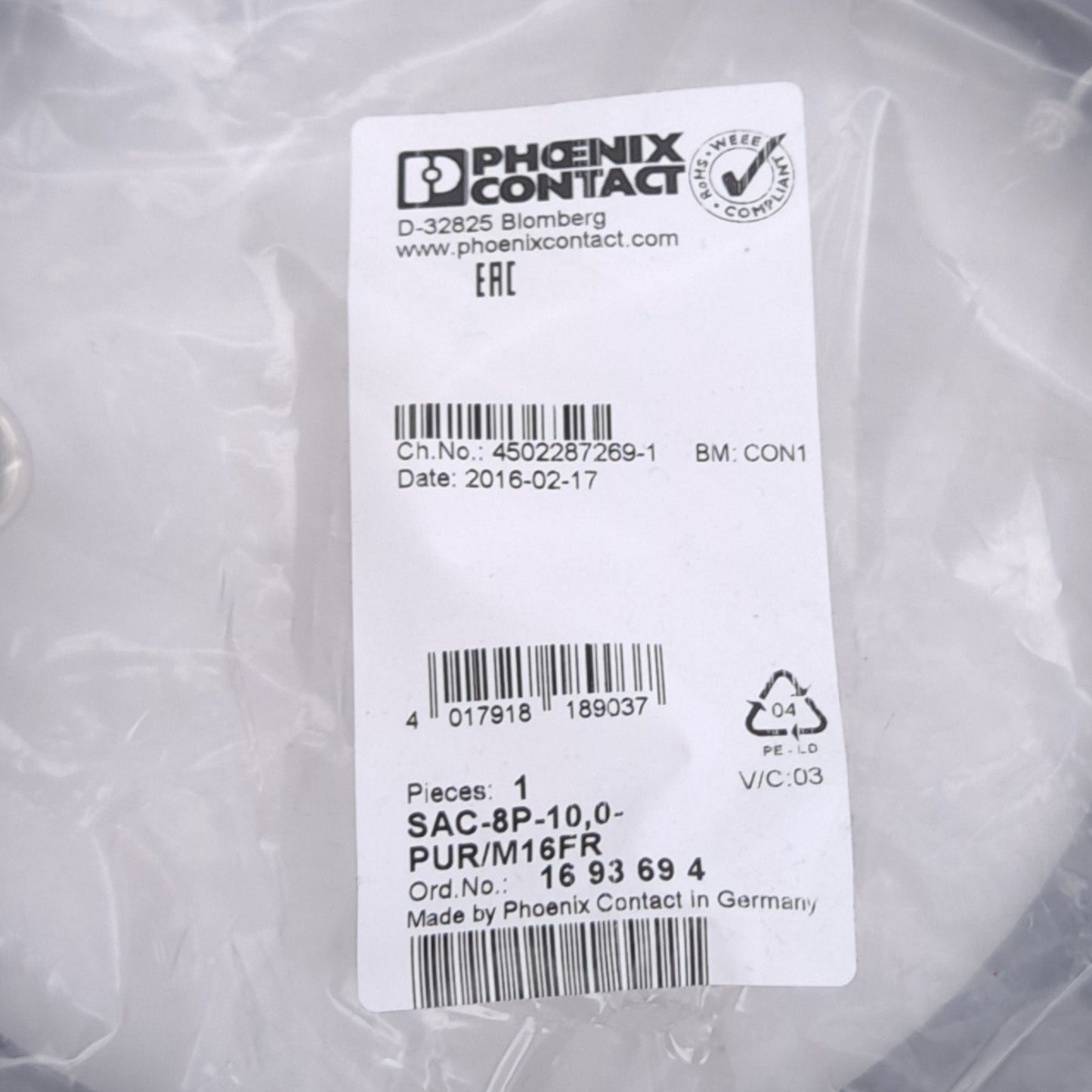 New Phoenix Contact 1693694 Master Cable, M16, 8-Position 4-Slot, 48VAC/60VDC, 10m