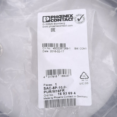 New Phoenix Contact 1693694 Master Cable, M16, 8-Position 4-Slot, 48VAC/60VDC, 10m