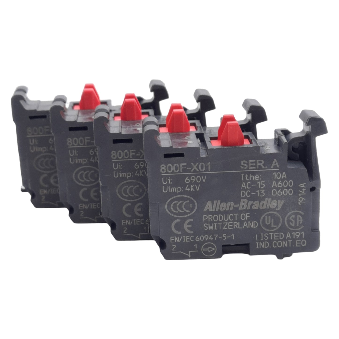 Used Lot of 4 Allen Bradley 800F-X01 Pushbutton Contact Block, 1NC, 600V 10A