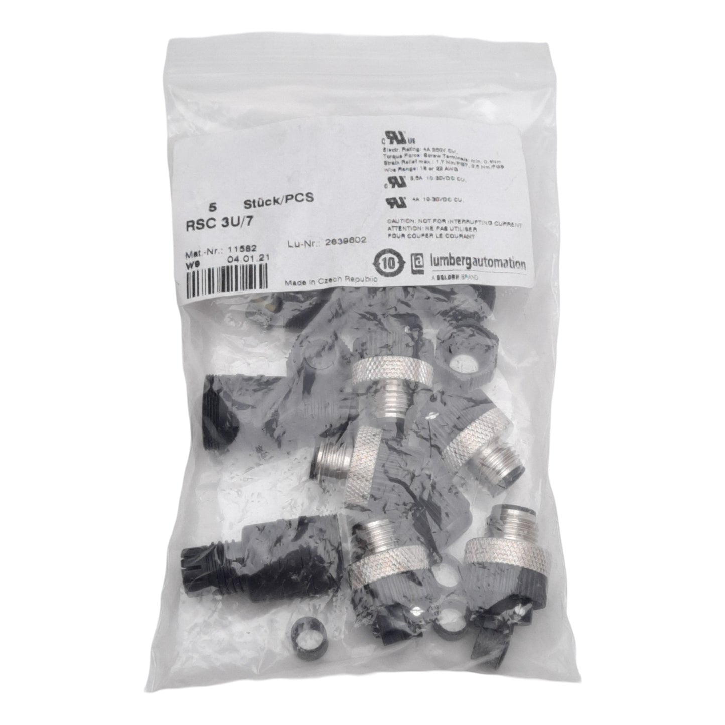 New Lot of 5 Lumberg Automation RSC 3/7 Field Wireable Connector M12 3-Pin, 240V 4A