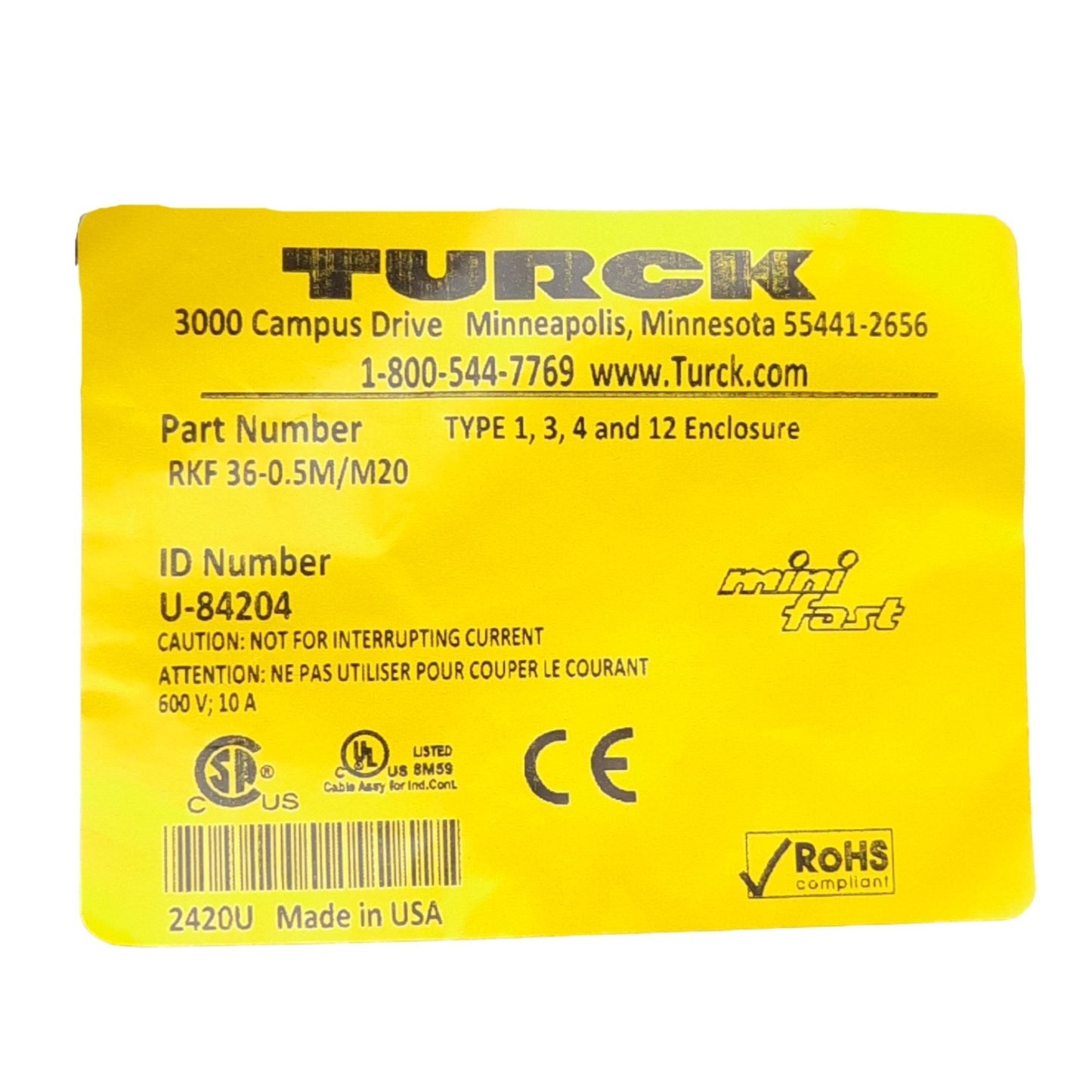 New Lot of 3 Turck RFK 36-0.5M/M20 Panel Mount Plug, 7/8" MiniFast 3-Pins, Female