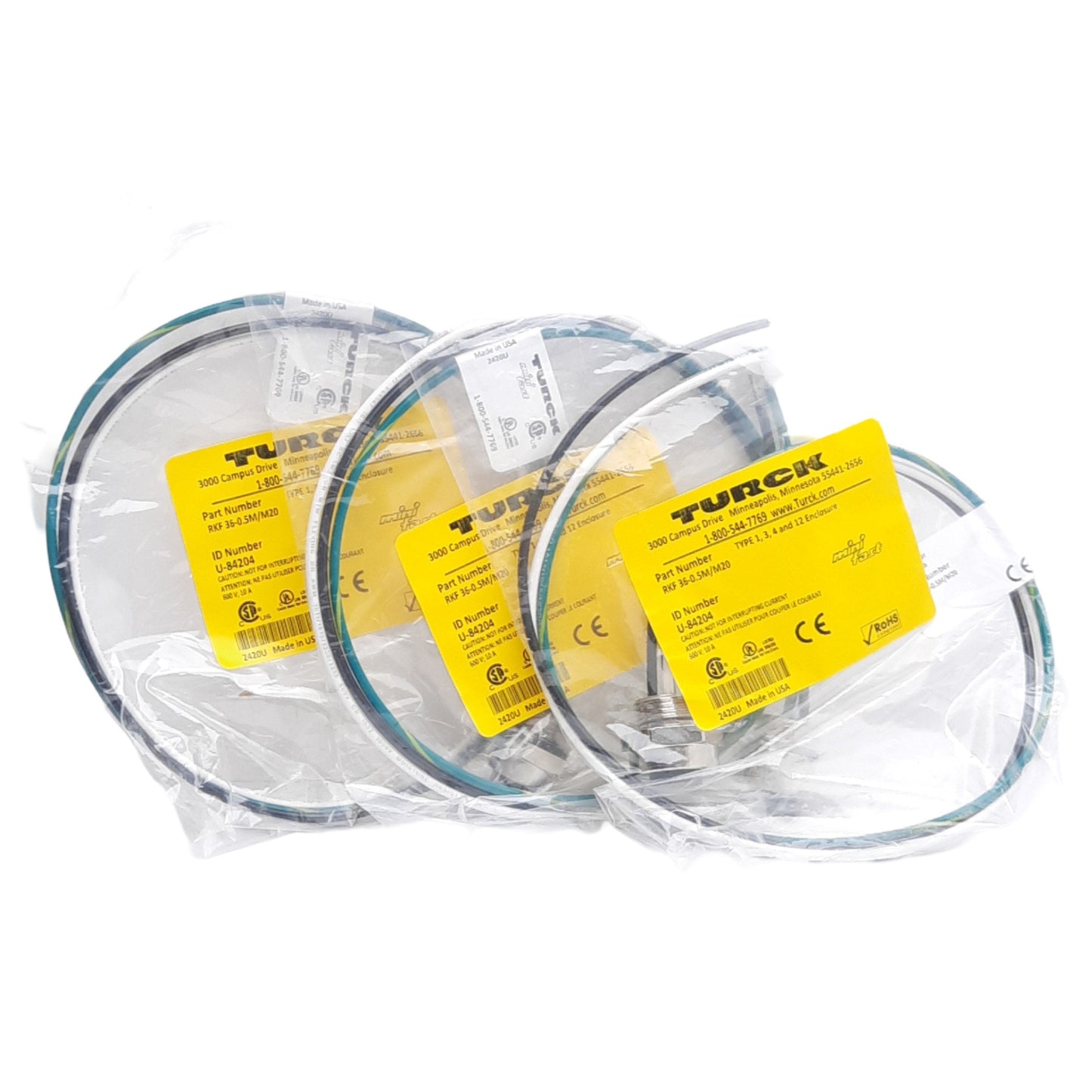 New Lot of 3 Turck RFK 36-0.5M/M20 Panel Mount Plug, 7/8" MiniFast 3-Pins, Female