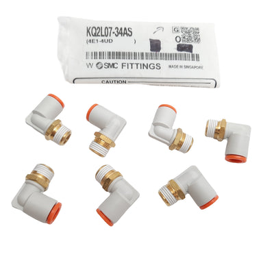 New Lot of 7 SMC KQ2L07-34AS Male Elbow Connector Fitting, 1/4" One Touch, 1/8" NPT