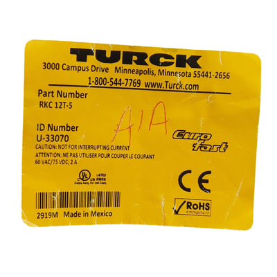 New Turck RKC 12T-5 Cordset, M12 12-Pin Female to Leads, 5 Meters, 60VAC/75VDC, 2A