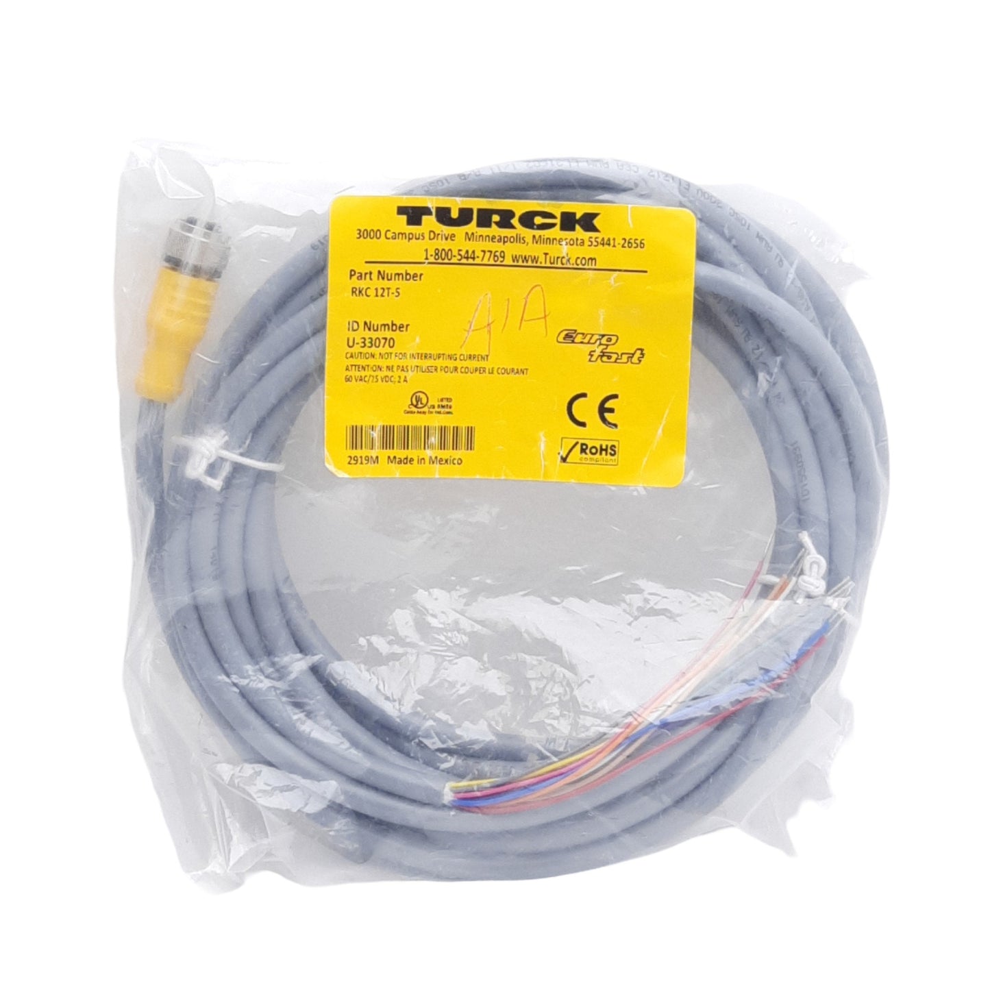 New Turck RKC 12T-5 Cordset, M12 12-Pin Female to Leads, 5 Meters, 60VAC/75VDC, 2A