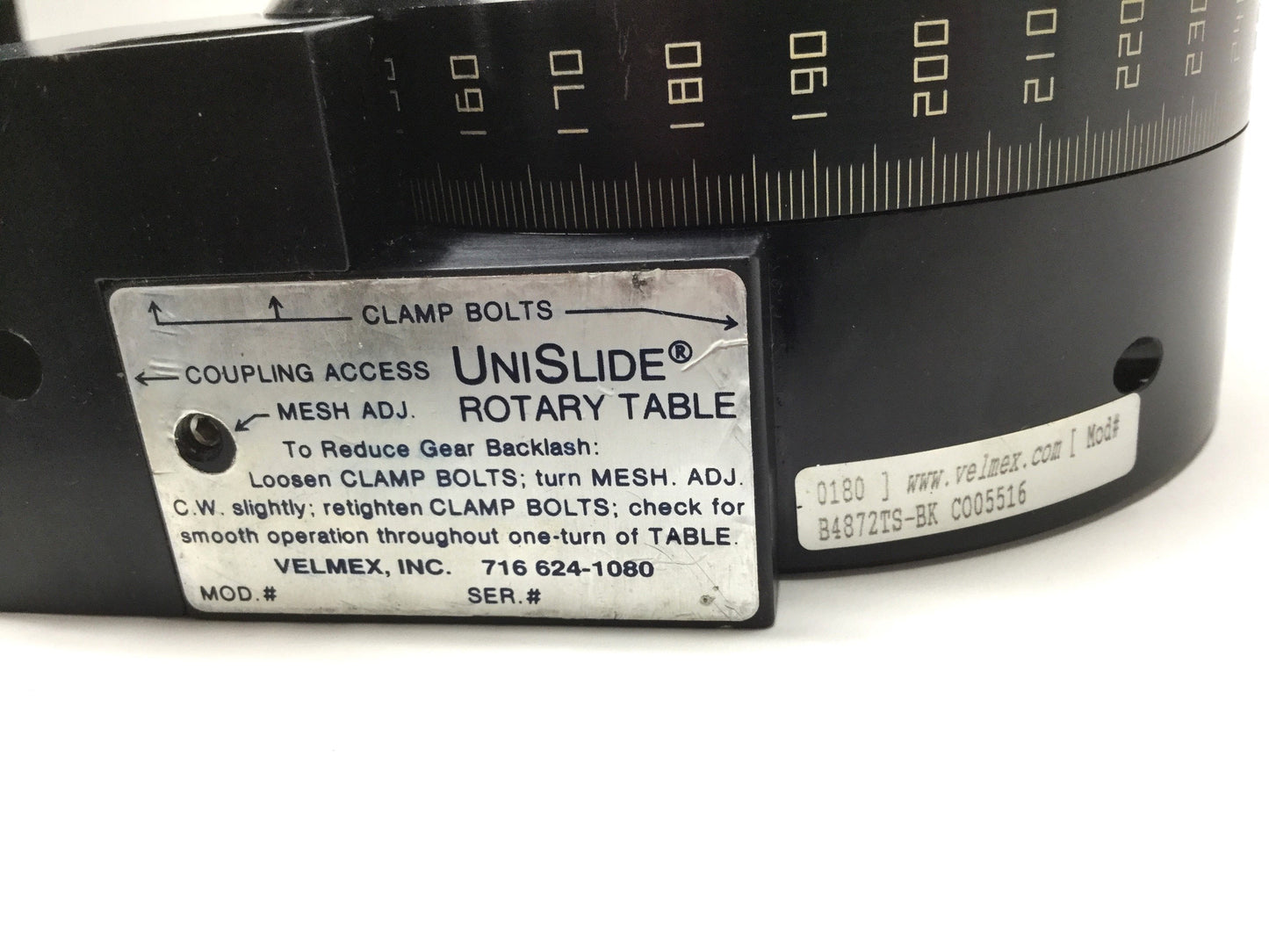 Used Velmex B4872TS-BK Rotary Positioner/Stage Table Actuator 72:1, Ø5", *No Motor*
