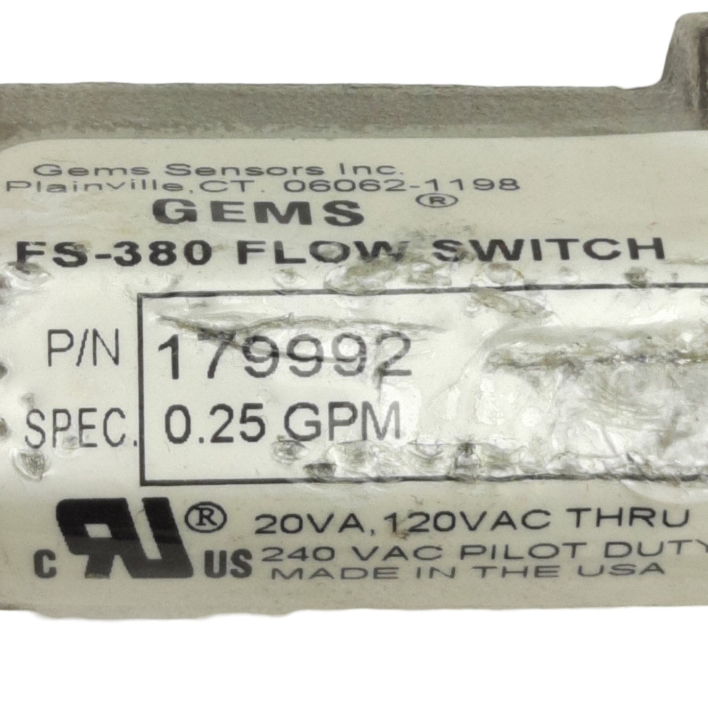 Used Gems Sensors ES-380 Flow Switch, SPST NO, 0.25GPM, 3/8in NPT Male, 500-1500psi