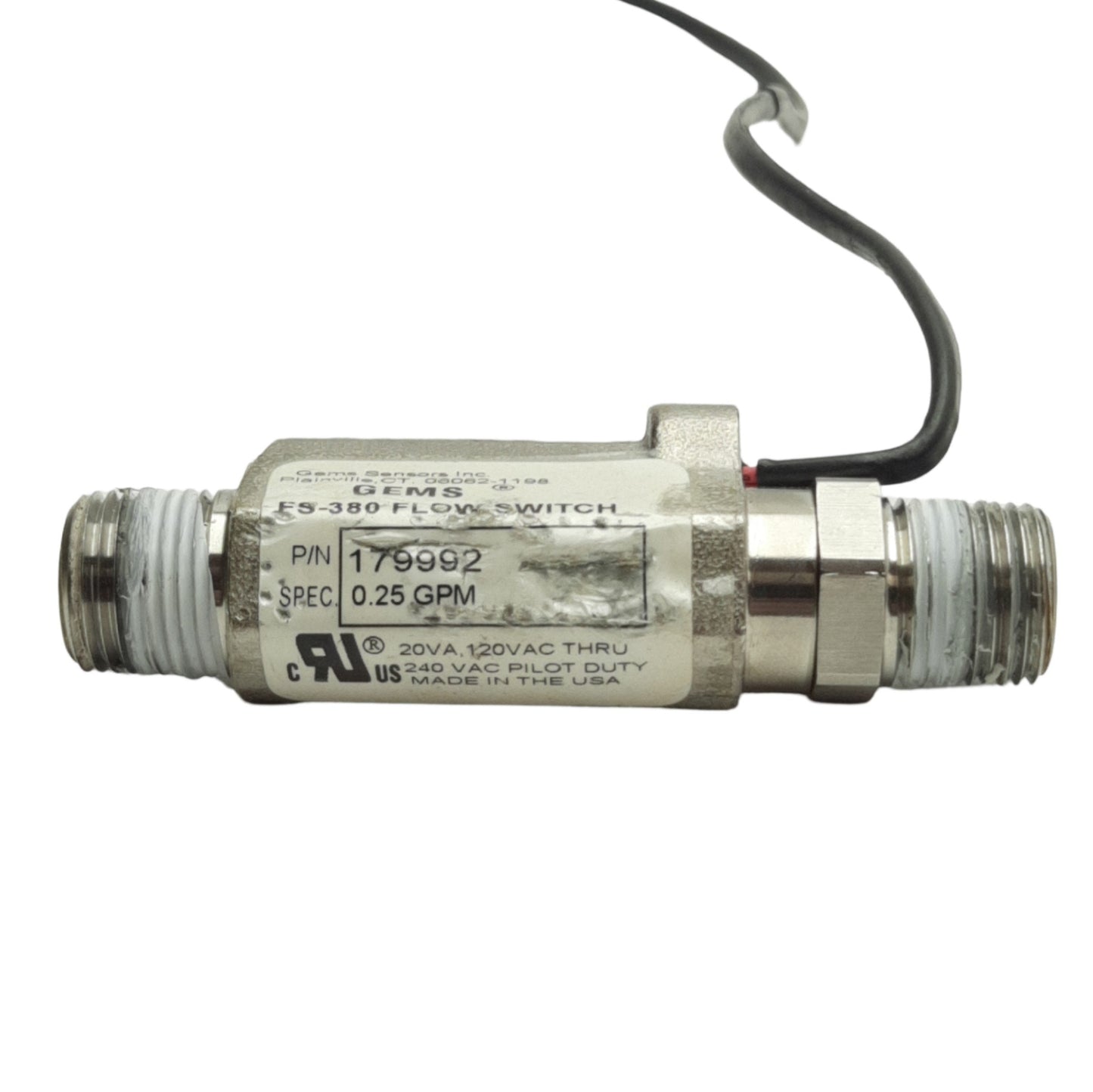 Used Gems Sensors ES-380 Flow Switch, SPST NO, 0.25GPM, 3/8in NPT Male, 500-1500psi