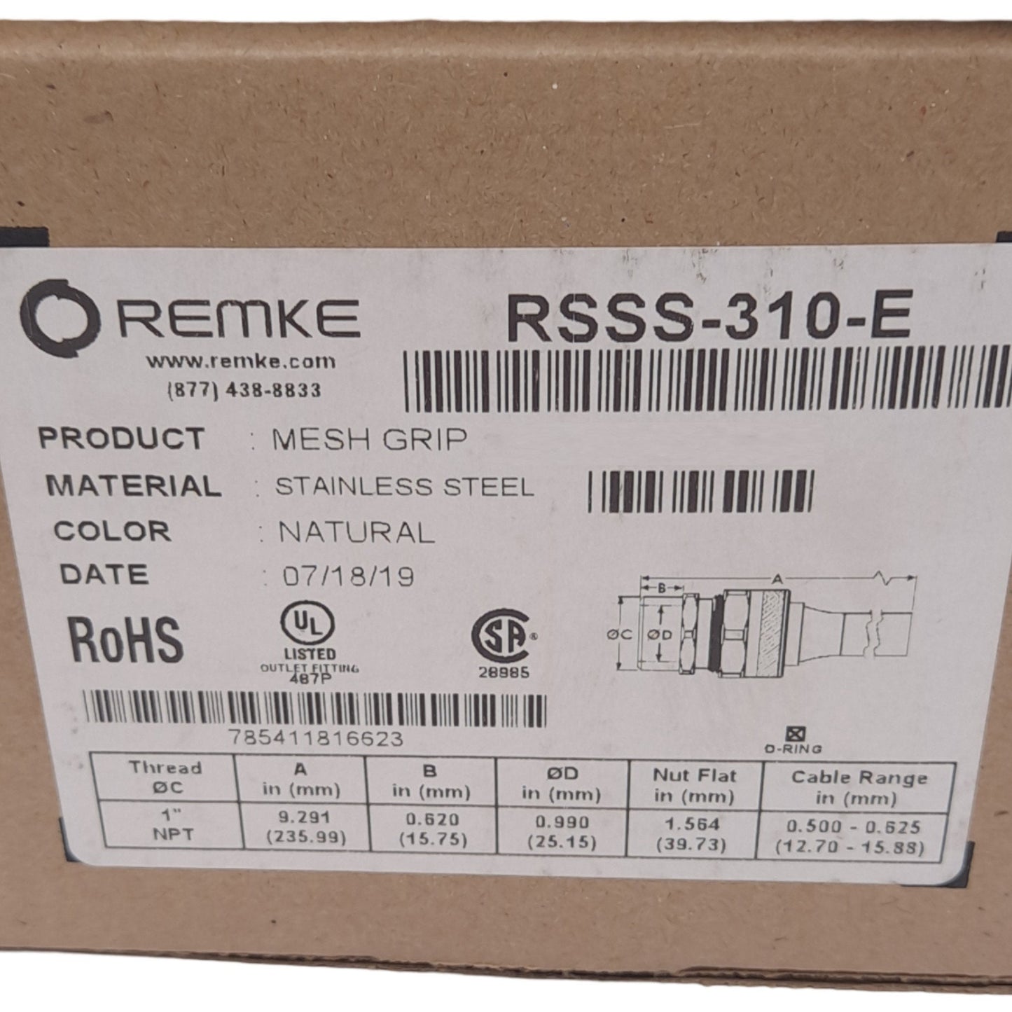 New Remke RSSS-310-E Mesh Grip Strain Relief Connector, 1in NPT, ø0.500-0.625in