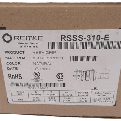 New Remke RSSS-310-E Mesh Grip Strain Relief Connector, 1in NPT, ø0.500-0.625in