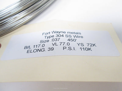 New Fort Wayne Metals 304V Stainless Steel Wire 0.037" Diameter, 450FT