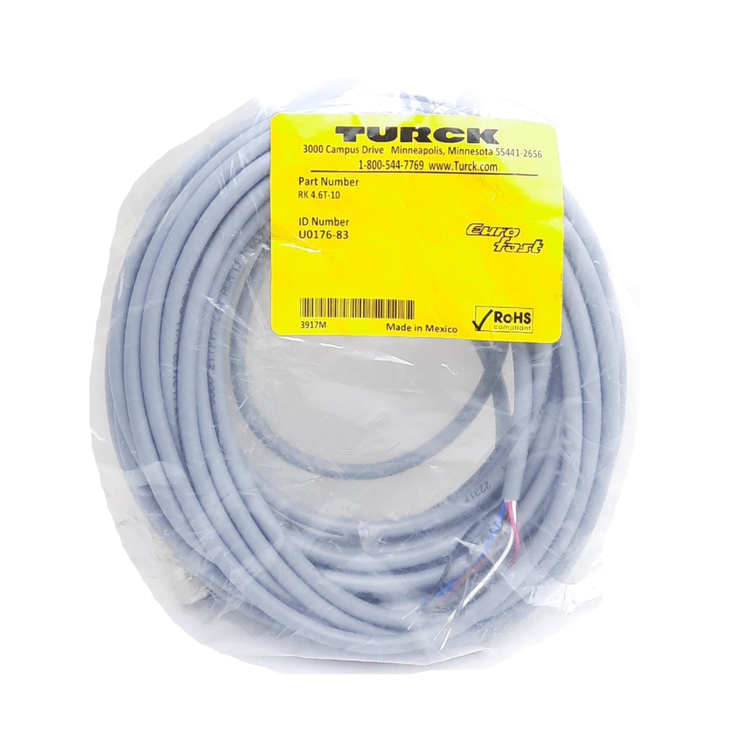 New Turck RK 4.6T-10 Actuator & Sensor Cable, M12 6-Pin Female to Leads, 10m, 75V/4A