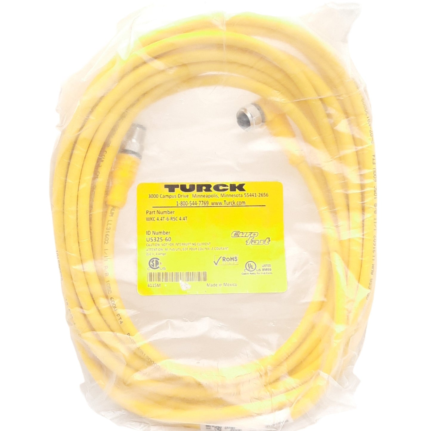 New Turck WKC 4.4T-6-RSC 4.4T Cordset, M12 4-Pin M/F, 6 Meters, 250VAC/DC 4A