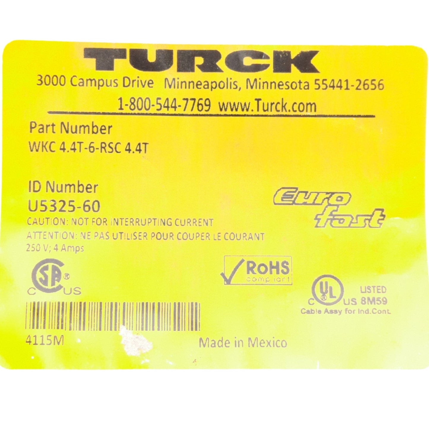 New Turck WKC 4.4T-6-RSC 4.4T Cordset, M12 4-Pin M/F, 6 Meters, 250VAC/DC 4A
