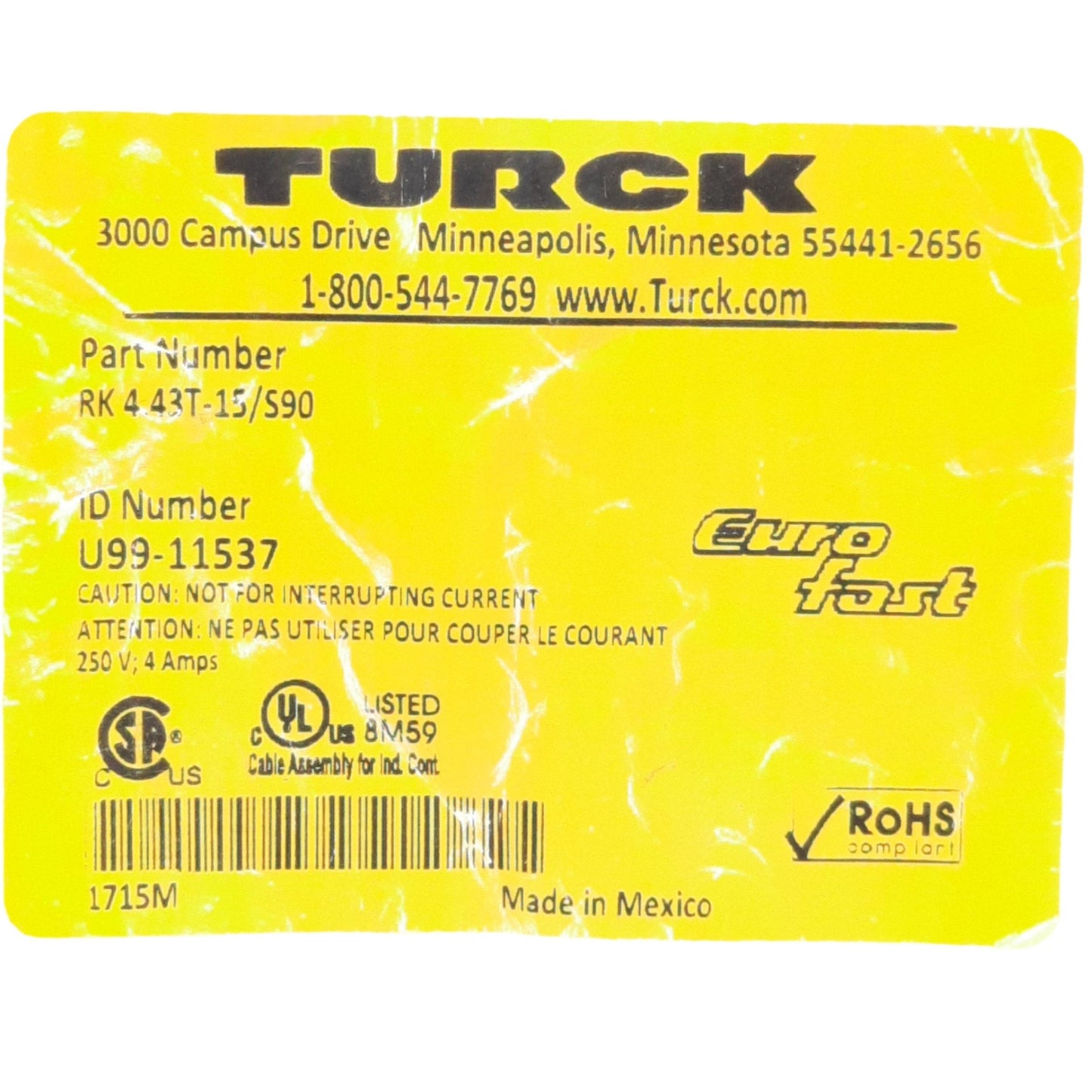 New Turck RK 4.43T-15/S90 Cordset, M12 4-Pin Female to Leads, 15 Meters, 250V 4A