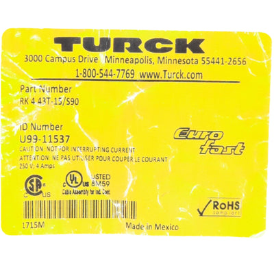 New Turck RK 4.43T-15/S90 Cordset, M12 4-Pin Female to Leads, 15 Meters, 250V 4A
