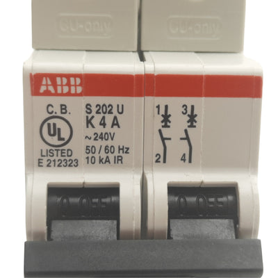 New ABB S202U-K4A Circuit Breaker, 2 Pole, 240VAC 50/60 Hz, K Curve, DIN Rail Mount