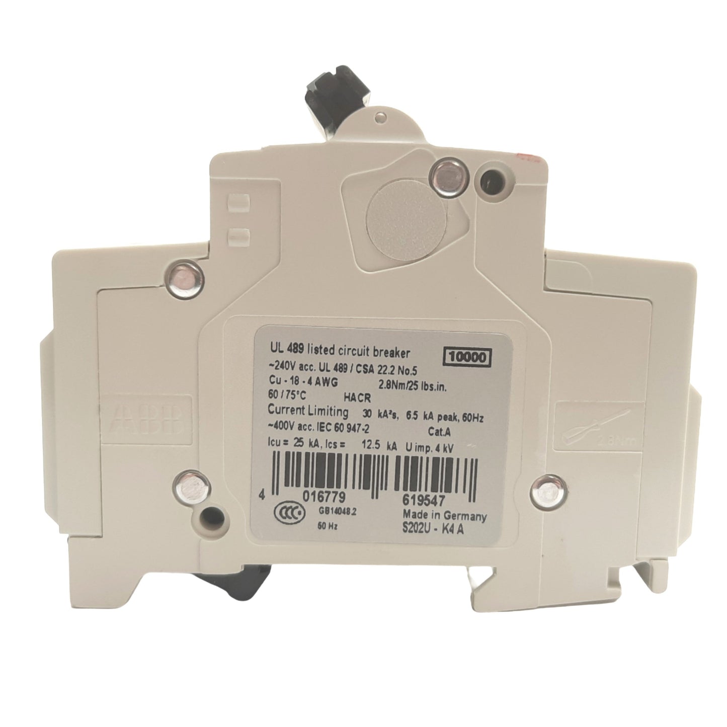 Used ABB S202U-K4A Circuit Breaker, 2 Pole, 4A, 240VAC Max, K Curve, DIN Rail