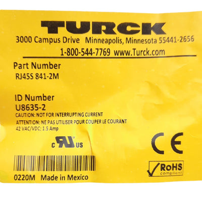 New Turck RJ45S 841-2M Ethernet Cable, RJ45 8-Pin Male to Leads, 2m, 42VAC/VDC 1.5A