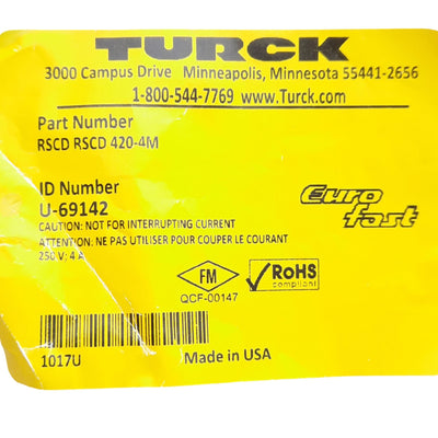 New Turck RSCD RSCD 420-4M Ethernet Cordset, Double End M12 4-Pin Male, 4m, 250V 4A