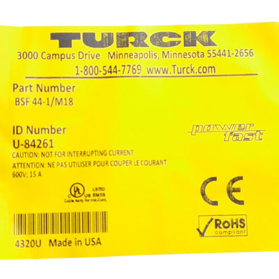 New Turck BSF 44-1/M18 PowerFast Receptacle, M16 4-Pin Male to Lead, 1m, 600VAC 15A