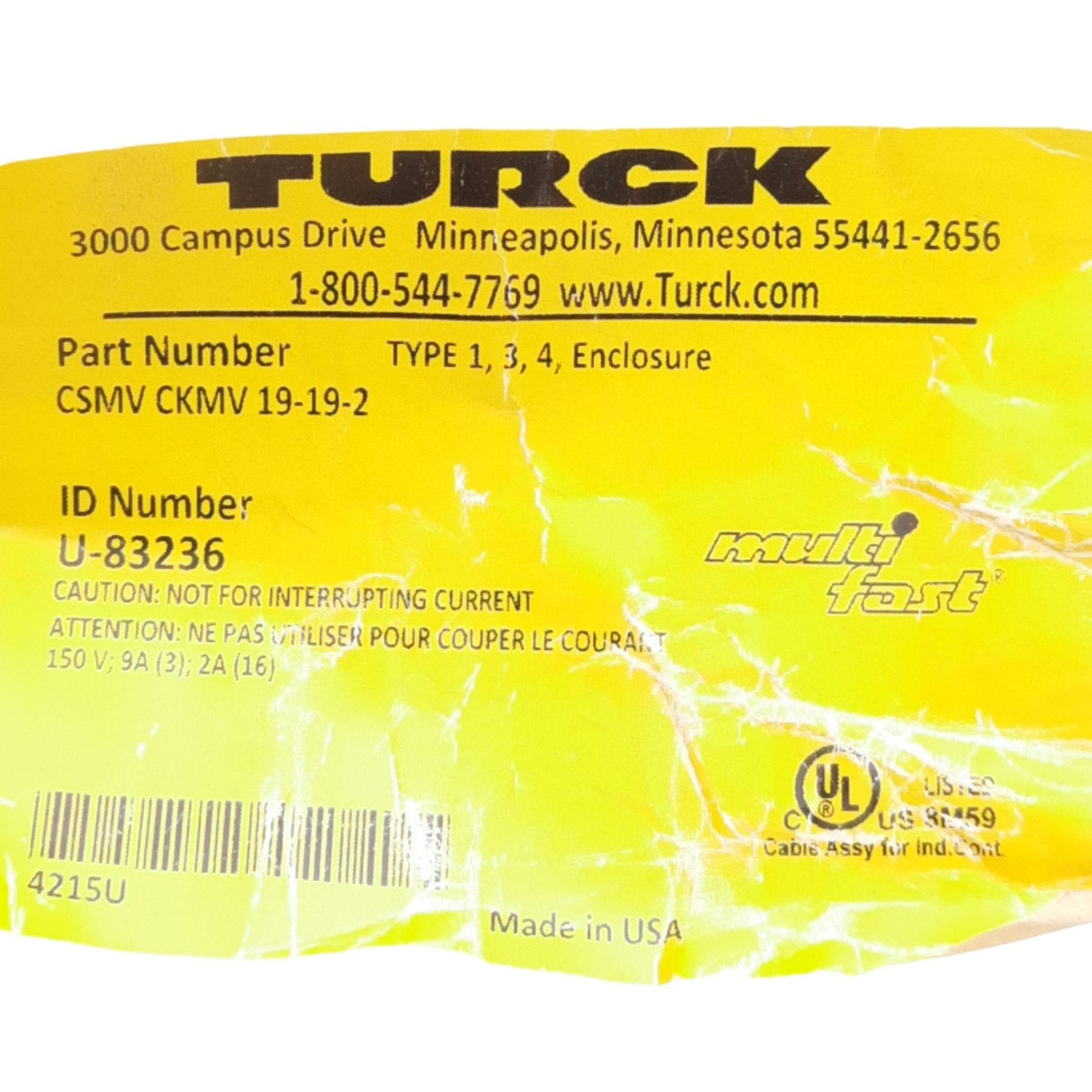New Turck CSMV CKSMV 19-19-2 MultiFast Cordset, M23 19-Pin M/F, 2 Meters, 150V 9A